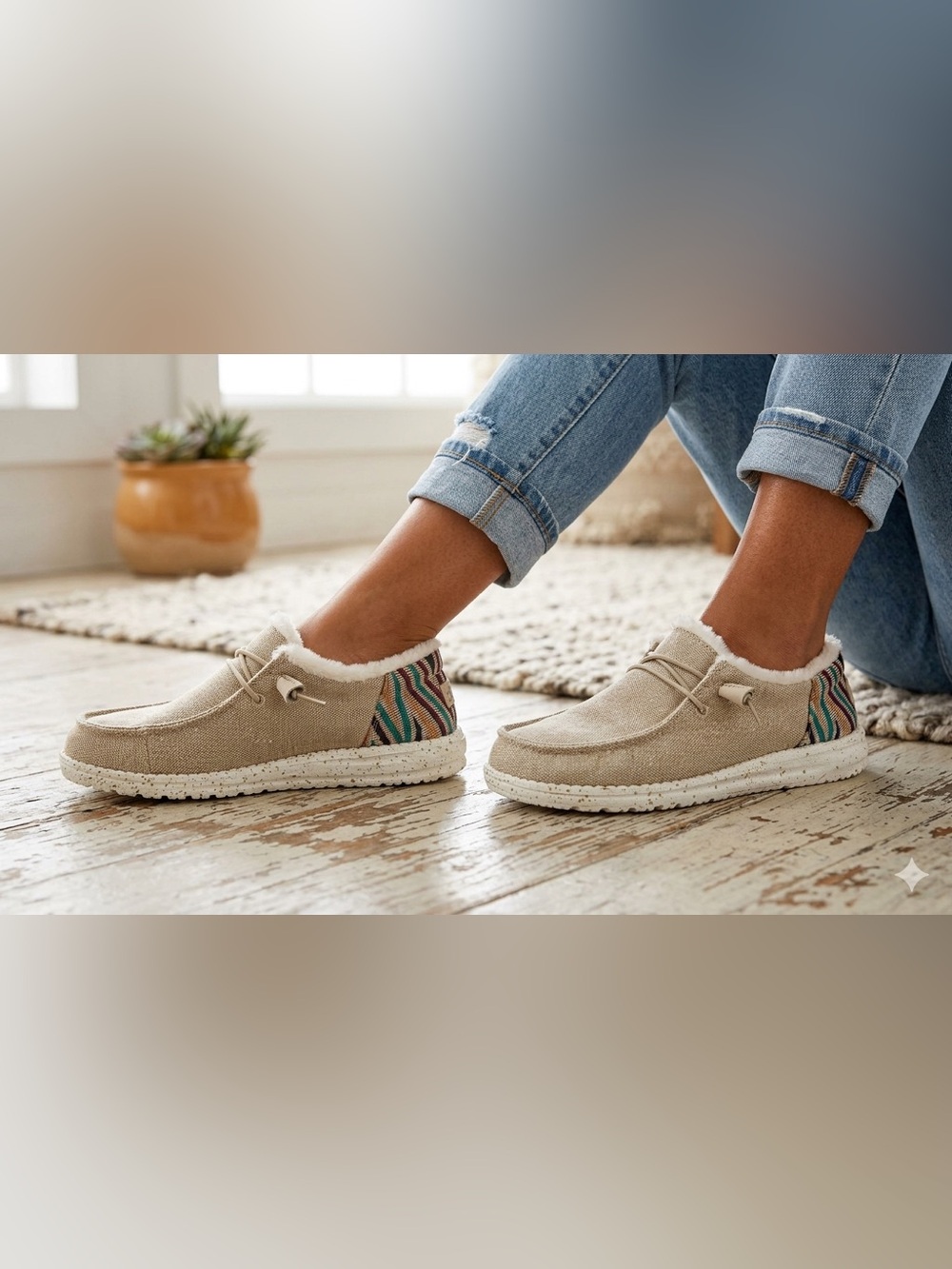 Hey Dude Wendy Funk Wool Beige Faux Fur Lined Southwestern Loafers Shoes Size 6
